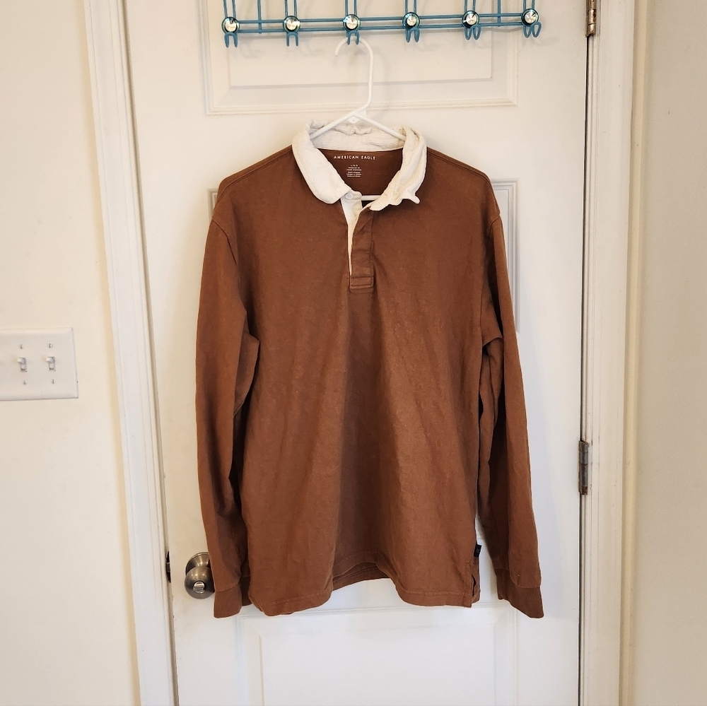 Mens American Eagle Brown Polo Shirt Long Sleeve Size L READ #DD842‎